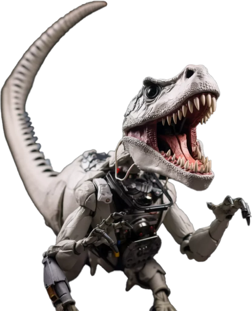 An AI generated image of a real looking dinosaur with robot parts incorporated.