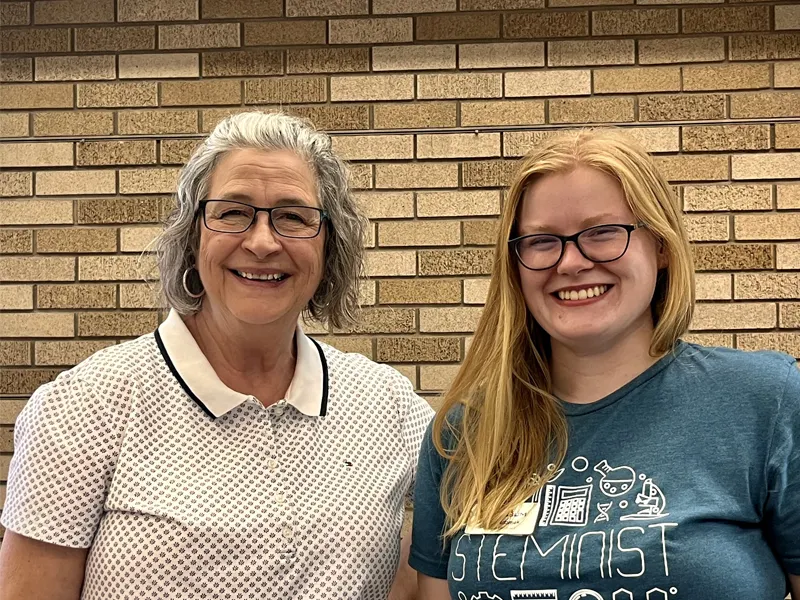 Kayla Adamek, Outreach Coordinator is posing for a picture with Marilyn, an FMSM volunteer.