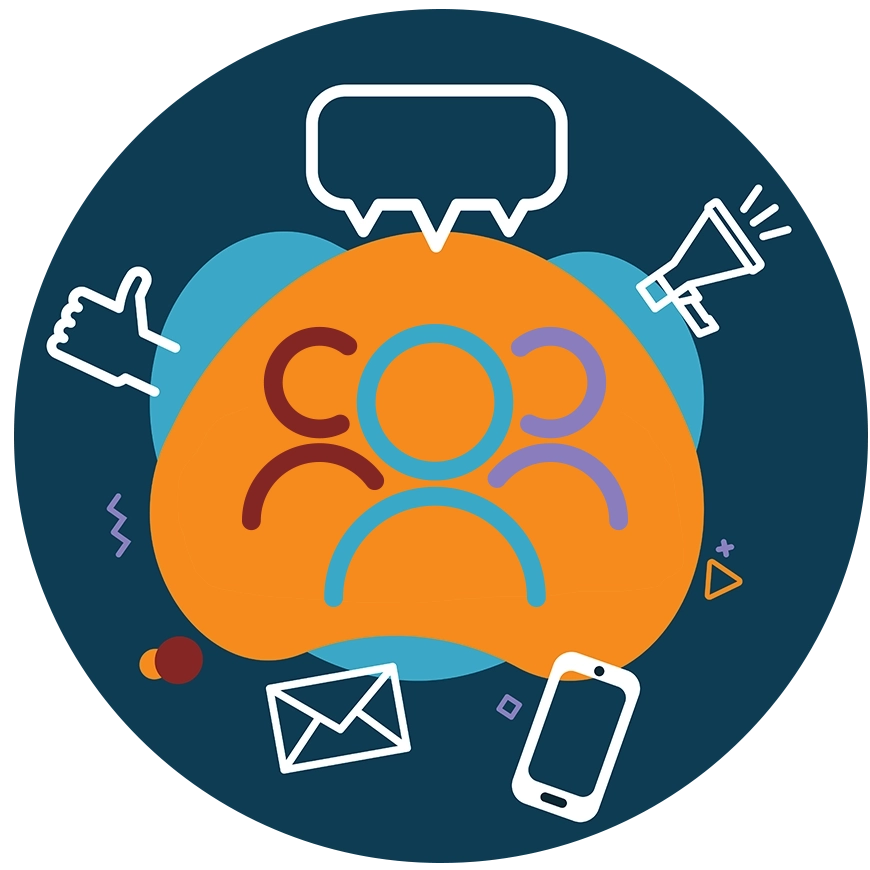 Image with text Let's Get Connected encircled by chat icon, email icon, phone, and thumbs up.