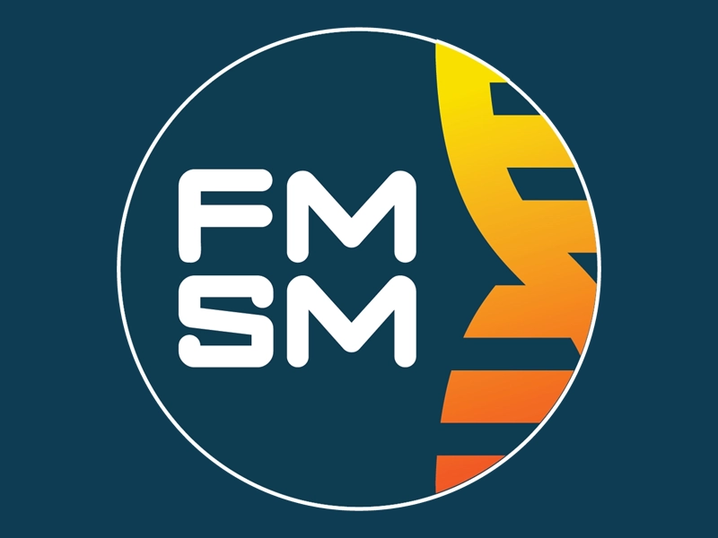 Round blue background with FMSM and a part of the gradient helix showing